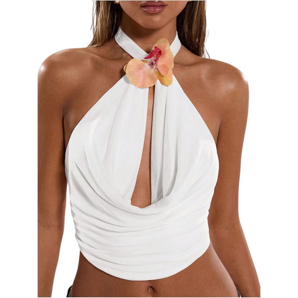 Women's 3D Flower Sexy Halter Top Draped Front Tie Backless Sleeveless Tank Tops